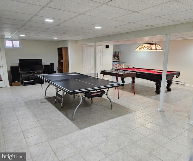 playroom with pool table, a baseboard radiator, recessed lighting, and a paneled ceiling