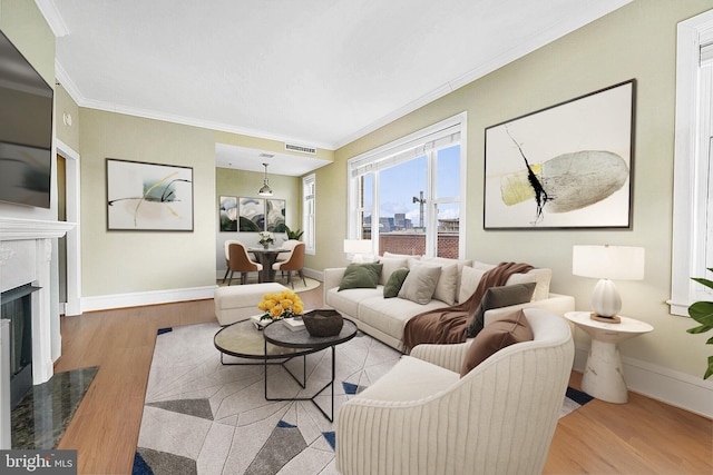 2600 Pennsylvania Ave NW Unit 601/6D, Washington, DC 20037 - living room featuring crown molding, wood finished floors, baseboards, and a fireplace