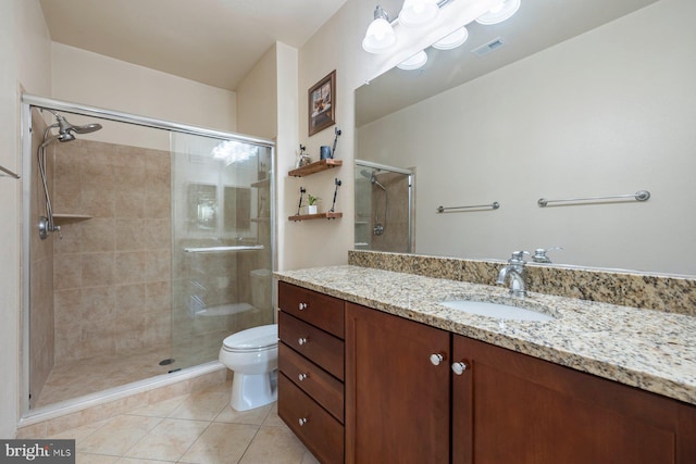 bathroom with vanity, tile patterned flooring, a shower stall, and visible vents
