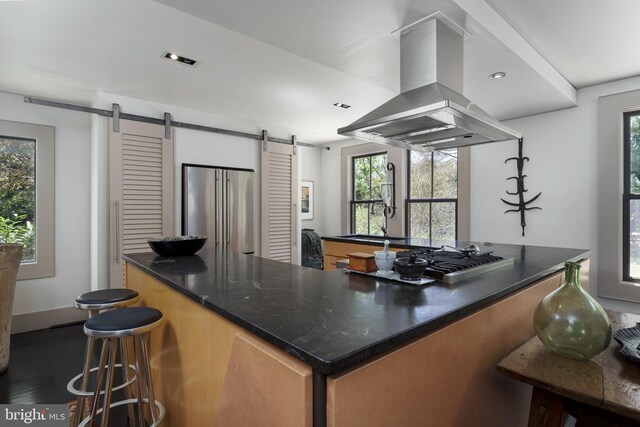 kitchen featuring island exhaust hood, stainless steel appliances, a barn door, and a breakfast bar
