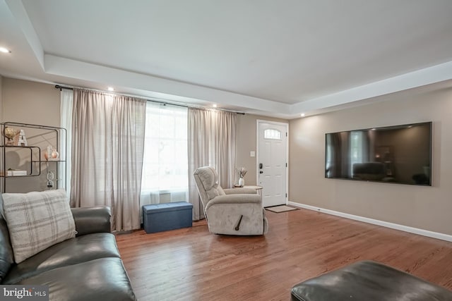 20 Aspen Dr, Pennsville, NJ 08070 - living area featuring baseboards, a raised ceiling, and wood finished floors