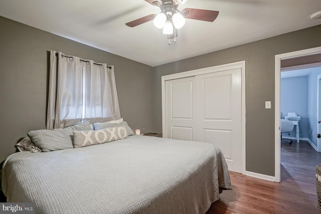 20 Aspen Dr, Pennsville, NJ 08070 - bedroom with a closet, a ceiling fan, baseboards, and dark wood-style floors
