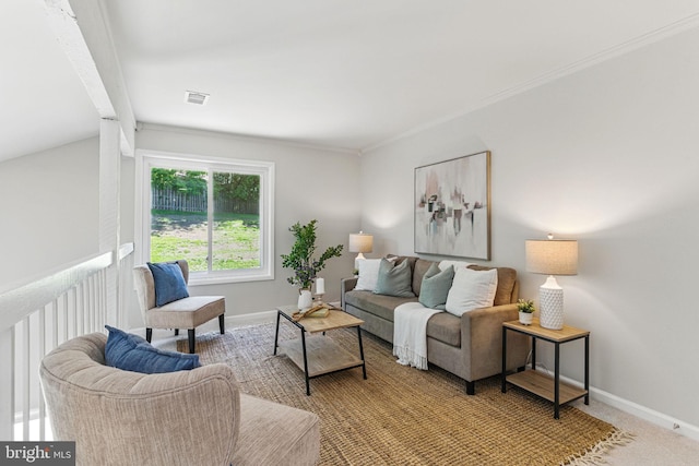 living area featuring baseboards and ornamental molding