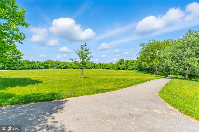 view of home's community featuring a lawn and a wooded view