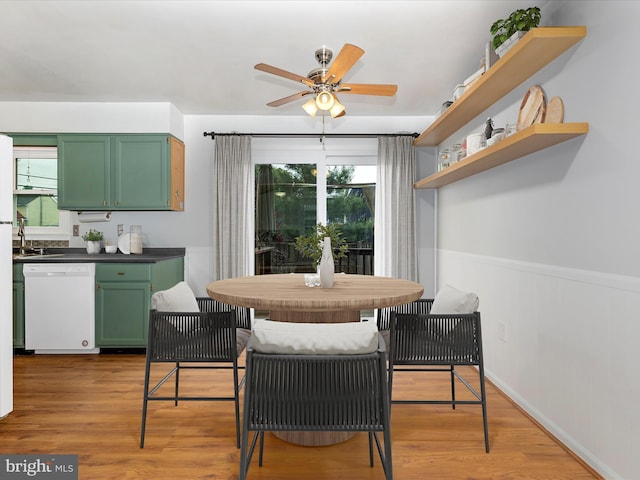 201 N 2nd St, Woodsboro, MD 21798 - dining space featuring a ceiling fan, wainscoting, and light wood-style flooring