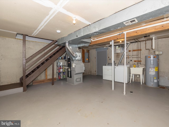 201 N 2nd St, Woodsboro, MD 21798 - unfinished below grade area with water heater, independent washer and dryer, electric panel, stairway, and heating unit