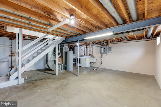 15926 Uppsala Ct, Woodbridge, VA 22191 - unfinished below grade area featuring electric panel, stairs, gas water heater, and washer and clothes dryer