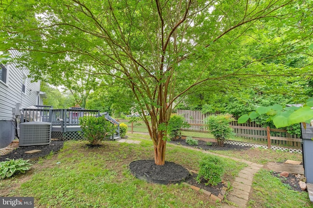 15926 Uppsala Ct, Woodbridge, VA 22191 - view of yard with central air condition unit, fence, and a wooden deck