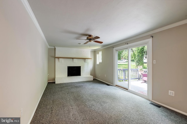 15926 Uppsala Ct, Woodbridge, VA 22191 - unfurnished living room with crown molding, a fireplace, a ceiling fan, baseboards, and dark colored carpet