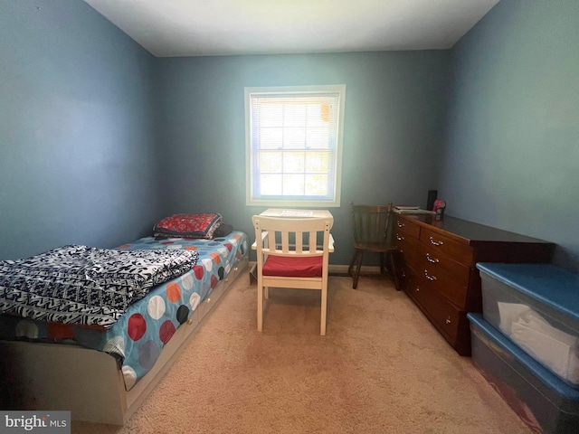 bedroom with light carpet