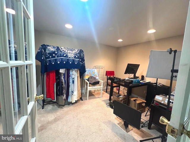 office featuring recessed lighting and carpet