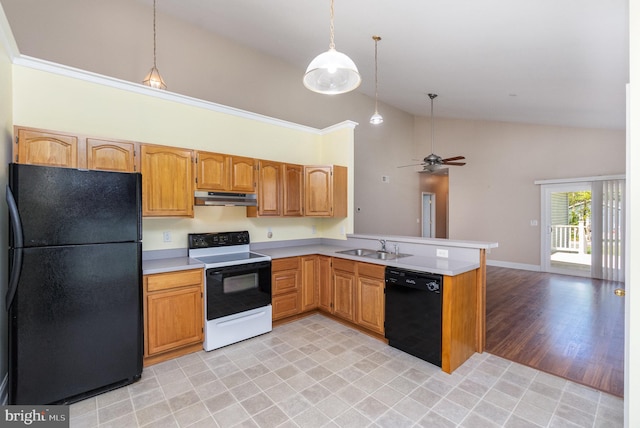 kitchen with high vaulted ceiling, light countertops, under cabinet range hood, a ceiling fan, and black appliances