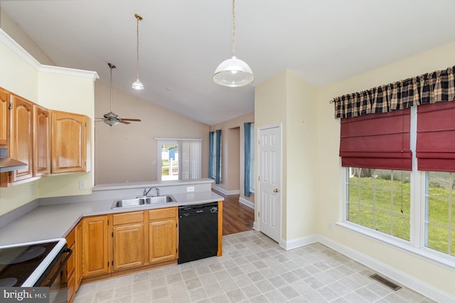 kitchen with a sink, electric range oven, dishwasher, lofted ceiling, and visible vents