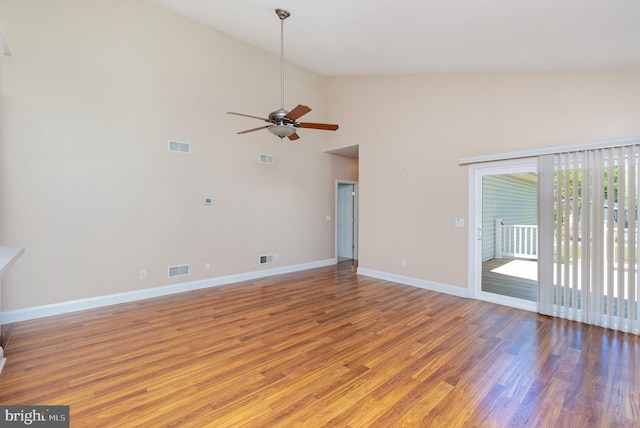 unfurnished living room featuring baseboards, ceiling fan, light wood-style flooring, and visible vents