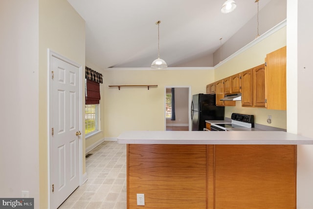 kitchen with freestanding refrigerator, a peninsula, lofted ceiling, electric range oven, and under cabinet range hood