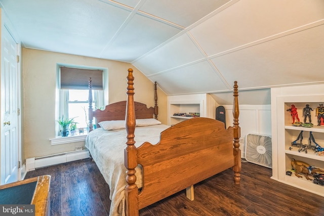 bedroom with a baseboard heating unit, wood finished floors, and lofted ceiling