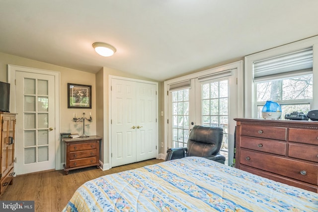 bedroom featuring wood finished floors, lofted ceiling, multiple windows, and access to exterior