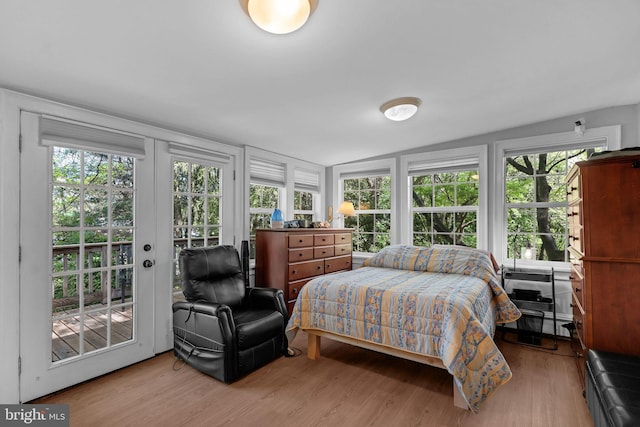 bedroom featuring access to exterior, wood finished floors, and multiple windows