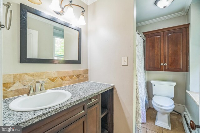 full bath with backsplash, baseboard heating, vanity, toilet, and ornamental molding