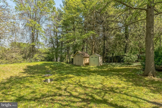 view of yard with a storage shed and an outdoor structure