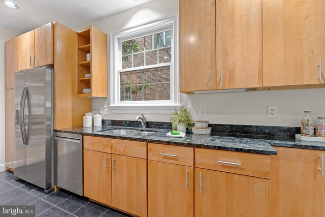 3929 Vacation Ln, Arlington, VA 22207 - kitchen with stainless steel appliances, a sink, dark tile patterned flooring, dark stone countertops, and open shelves