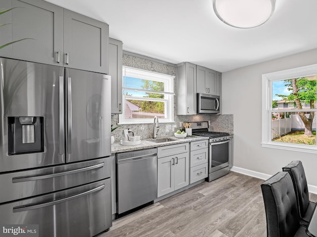 kitchen with gray cabinets, tasteful backsplash, a sink, light wood-style floors, and stainless steel appliances