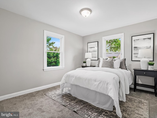 bedroom with baseboards, multiple windows, and carpet flooring