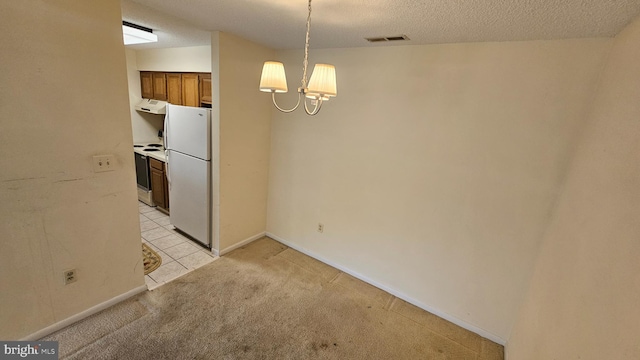 815 Ravens Crest Dr, Plainsboro, NJ 08536 - unfurnished dining area featuring a chandelier, light carpet, a textured ceiling, light tile patterned floors, and baseboards