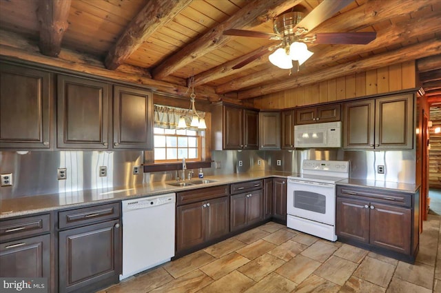 kitchen with beam ceiling, white appliances, ceiling fan, wooden ceiling, and a sink
