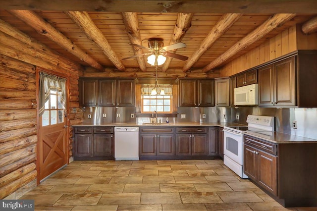 kitchen featuring a sink, white appliances, light countertops, rustic walls, and wood ceiling