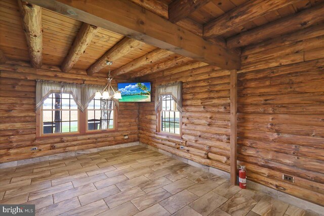 empty room featuring beamed ceiling, wooden ceiling, and log walls