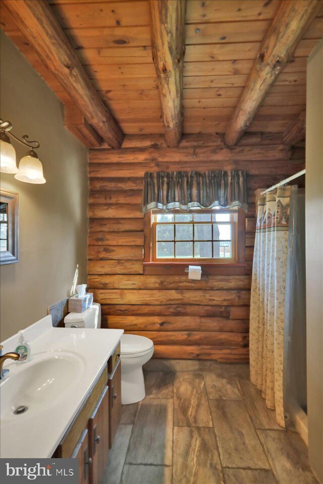 bathroom with vanity, rustic walls, and a wealth of natural light