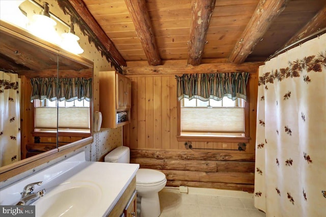 bathroom with beam ceiling, a wealth of natural light, wooden ceiling, and toilet