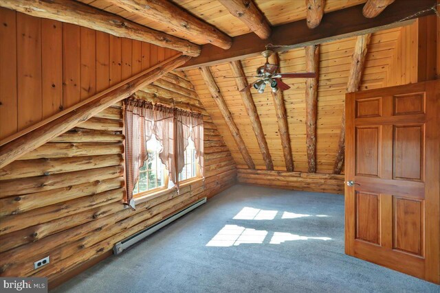 additional living space featuring log walls, carpet flooring, vaulted ceiling with beams, wood ceiling, and a baseboard radiator