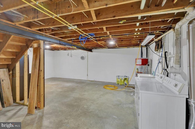 unfinished below grade area featuring separate washer and dryer and water heater