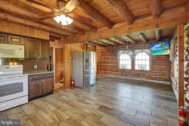 kitchen with white appliances, a ceiling fan, beamed ceiling, and wood ceiling