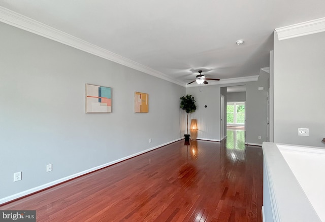 42667 New Dawn Ter, Brambleton, VA 20148 - unfurnished living room with a ceiling fan, dark wood-style flooring, crown molding, and baseboards