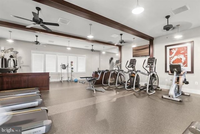 exercise room featuring visible vents, a ceiling fan, and baseboards