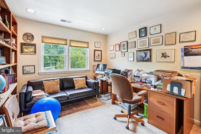 office space with recessed lighting, visible vents, and carpet floors