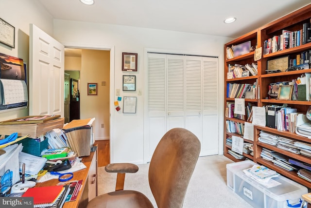 office space featuring recessed lighting and carpet floors