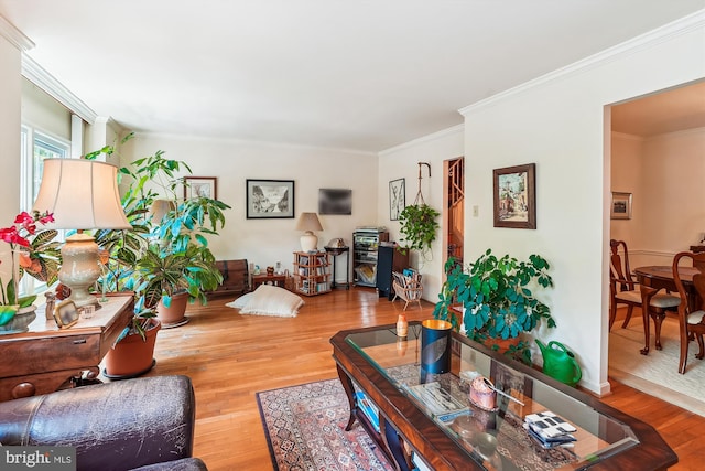 living room with wood finished floors and ornamental molding