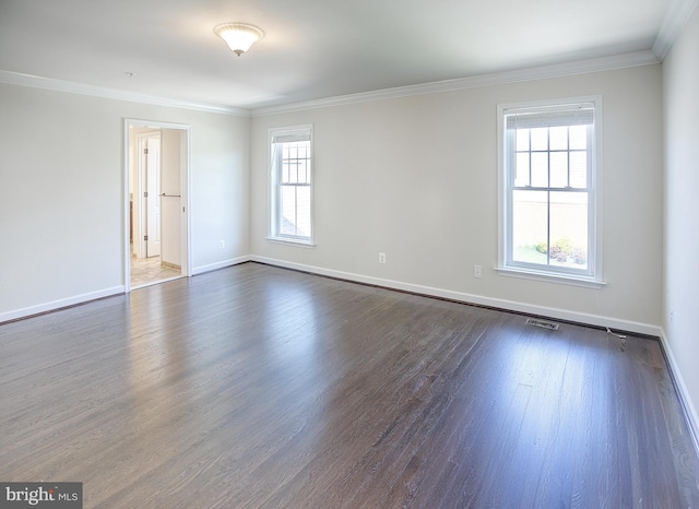 spare room featuring baseboards, a healthy amount of sunlight, and dark wood-style floors