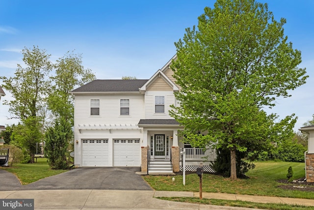 136 Roseville Ct, Boyce, VA 22620 - view of front facade featuring a garage, aphalt driveway, a front yard, roof with shingles, and a porch