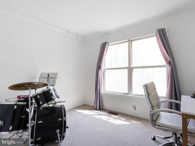 carpeted office space with crown molding, baseboards, and visible vents
