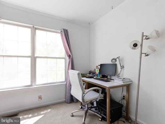 carpeted office space featuring visible vents, ornamental molding, baseboards, and a healthy amount of sunlight