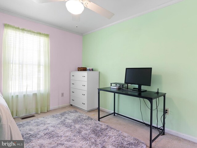 bedroom featuring ornamental molding, carpet, multiple windows, and visible vents