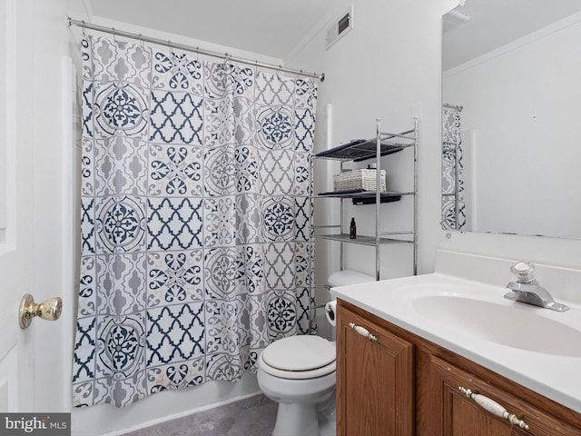 bathroom featuring visible vents, shower / tub combo, toilet, and vanity