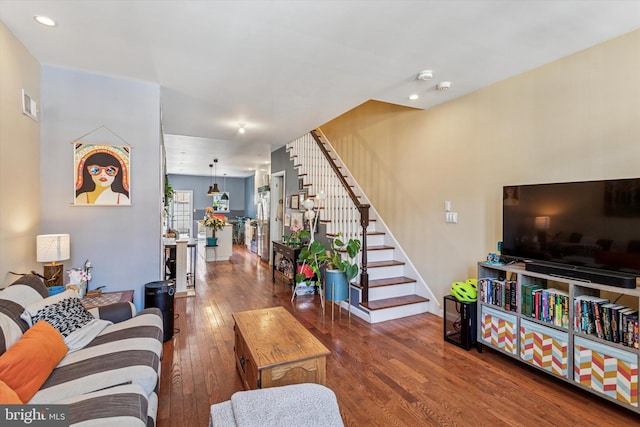 538 Moore St, Philadelphia, PA 19148 - living area featuring visible vents, stairs, wood finished floors, baseboards, and recessed lighting