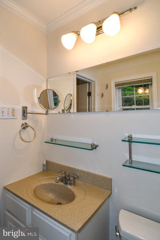 130 Great Lake Dr, Annapolis, MD 21403 - half bathroom featuring ornamental molding, vanity, and toilet