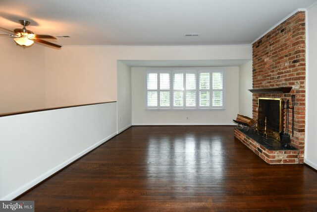 130 Great Lake Dr, Annapolis, MD 21403 - unfurnished living room with a ceiling fan, wood-type flooring, a brick fireplace, and baseboards